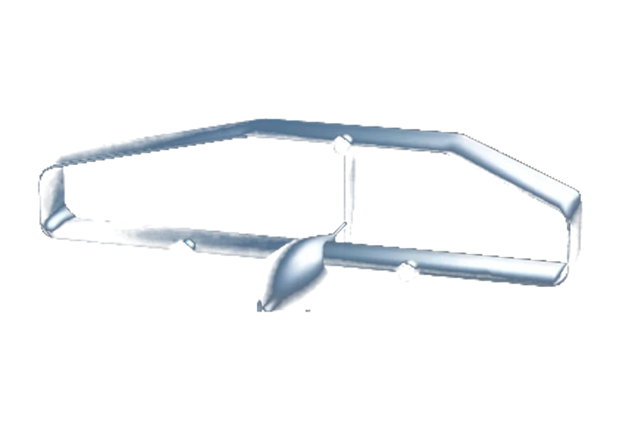 Render de la aeronave Boxy: ala en caja cerrada, fuselaje en vaina, ventana del sensor en el morro.