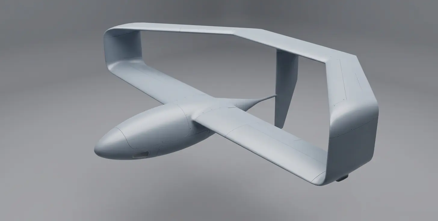 Render de la aeronave Boxy: ala en caja cerrada, fuselaje en vaina, ventana del sensor en el morro.