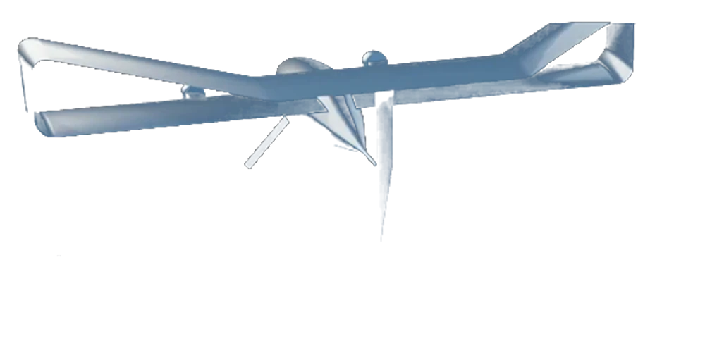 Render de la aeronave Boxy: ala en caja cerrada, fuselaje en vaina, ventana del sensor en el morro.