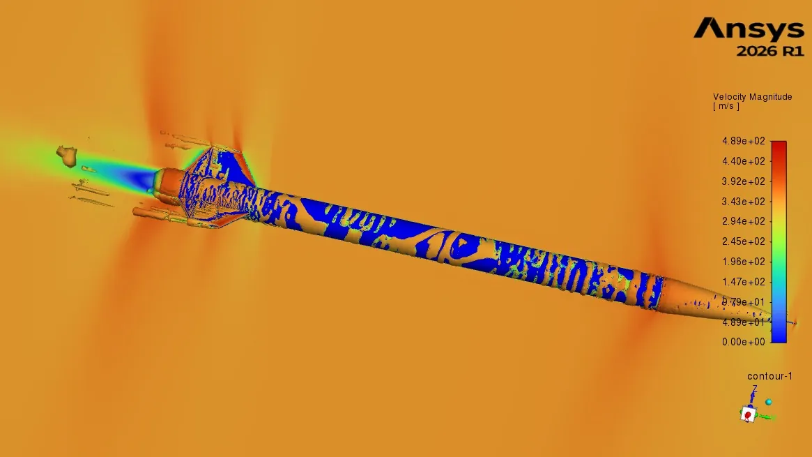 Campo de velocidades alrededor del vector resuelto en Ansys Fluent, con las estructuras de choque visibles en las aletas de cola.