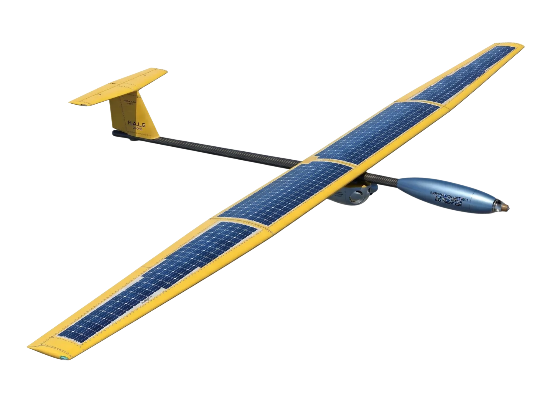 Planeador solar de gran altitud sobre fondo negro, células solares en el ala y la placa de la unidad propulsora.